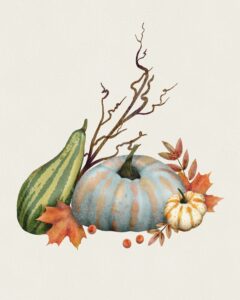 Illustration i digital akvarell med höst tema med pumpor och röda löv.