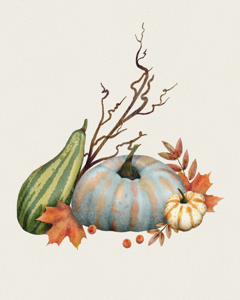Illustration i digital akvarell med höst tema med pumpor och röda löv.