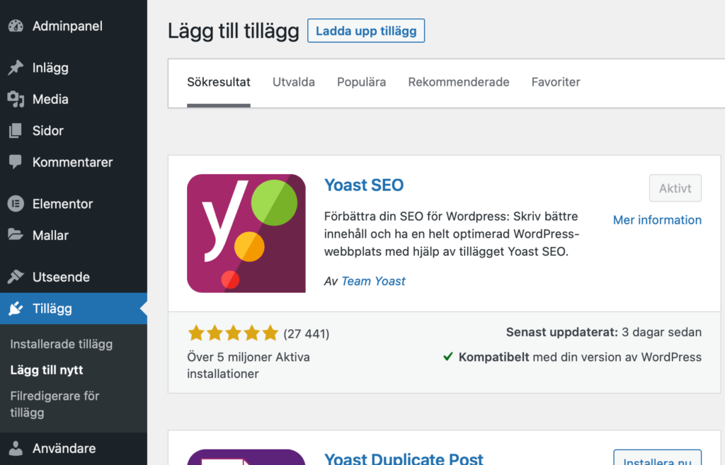 Hitta och installera Yoast SEO under tillägg i WordPress. 
