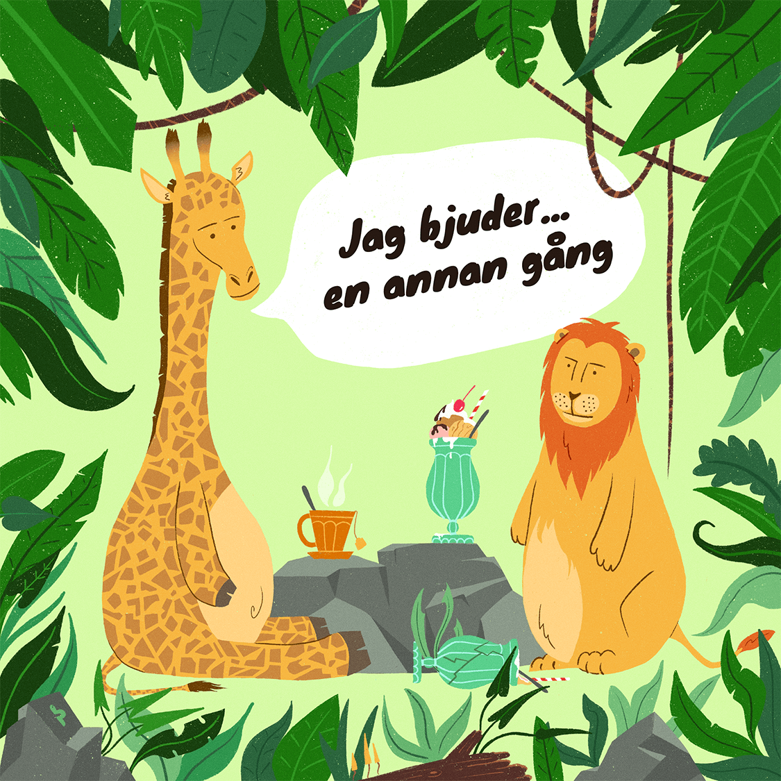 En giraff och ett lejon som fikar