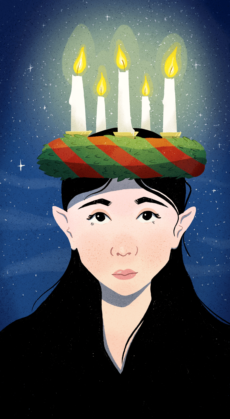 Lucia med ljuskrona i natten