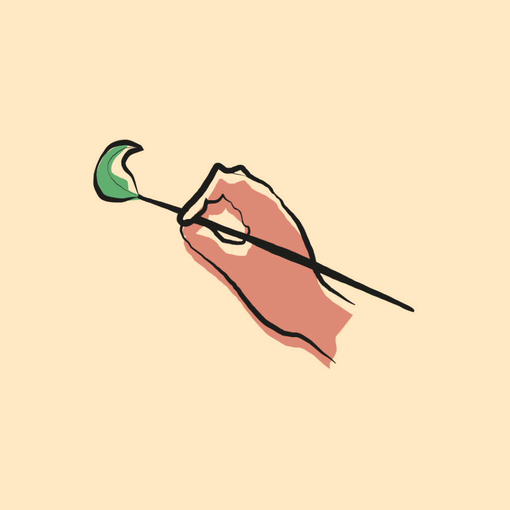 Illustration av målande hand där borsten på penseln är ett blad.
