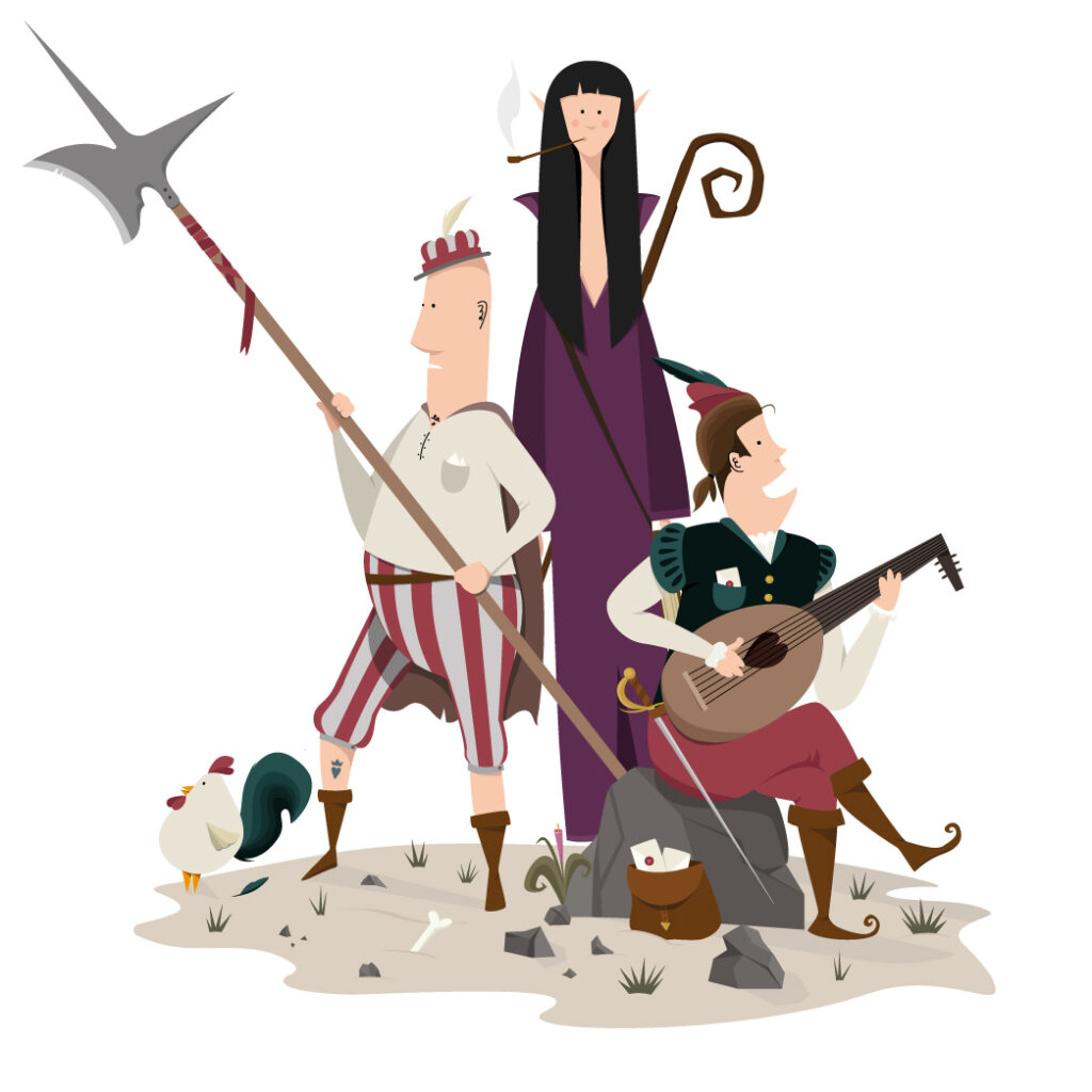 Illustration med grupp av fantasy äventyrare.